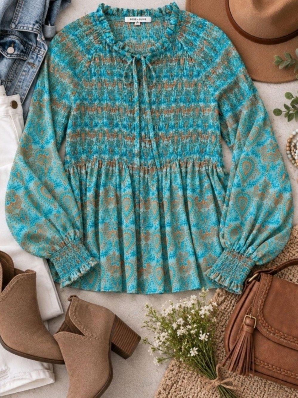 Rose & Olive Turquoise and Orange Paisley Smocked Peplum Blouse Size M - Picture 8 of 8